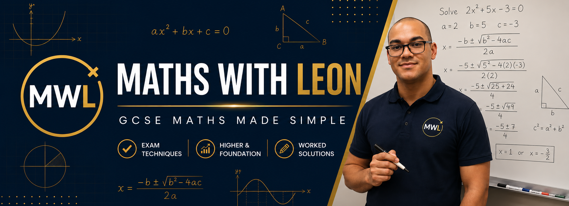 Leon from Maths With Leon holding a pen beside a worked quadratic equation